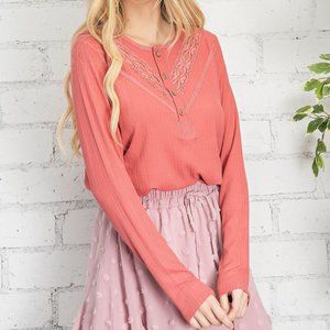 BOHO Basic Button Down Lace Trip Knit Top